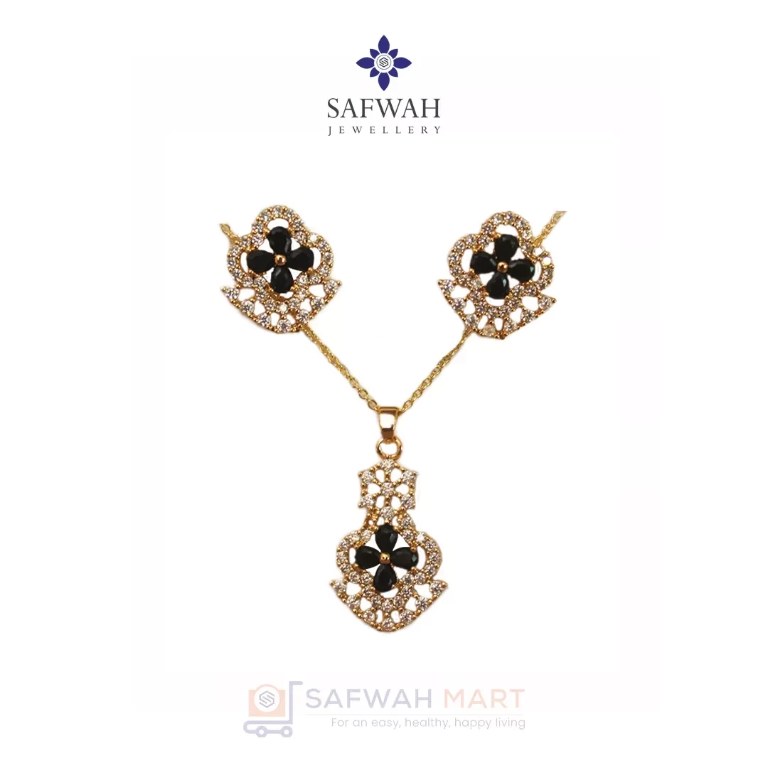 Necklace & Earring Set 4 Petals Black Diamond Cut